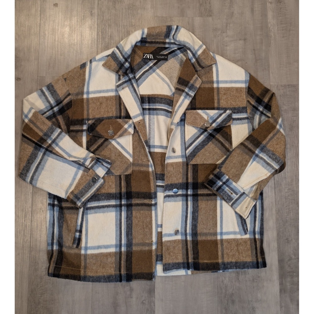 ZARA Plaid Shacket White Tan Navy Blue Flannel Shirt Jacket Women's Size Large